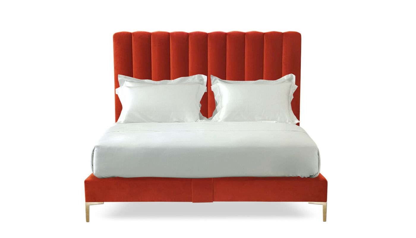 Undressed Hudson bed with a orange headboard and base featuring a mattress and cushions
