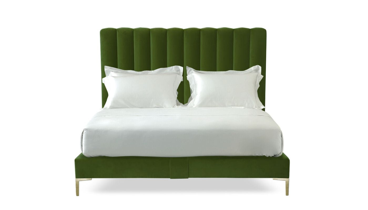 Undressed Hudson bed with a grass green colour headboard and base featuring a mattress and cushions