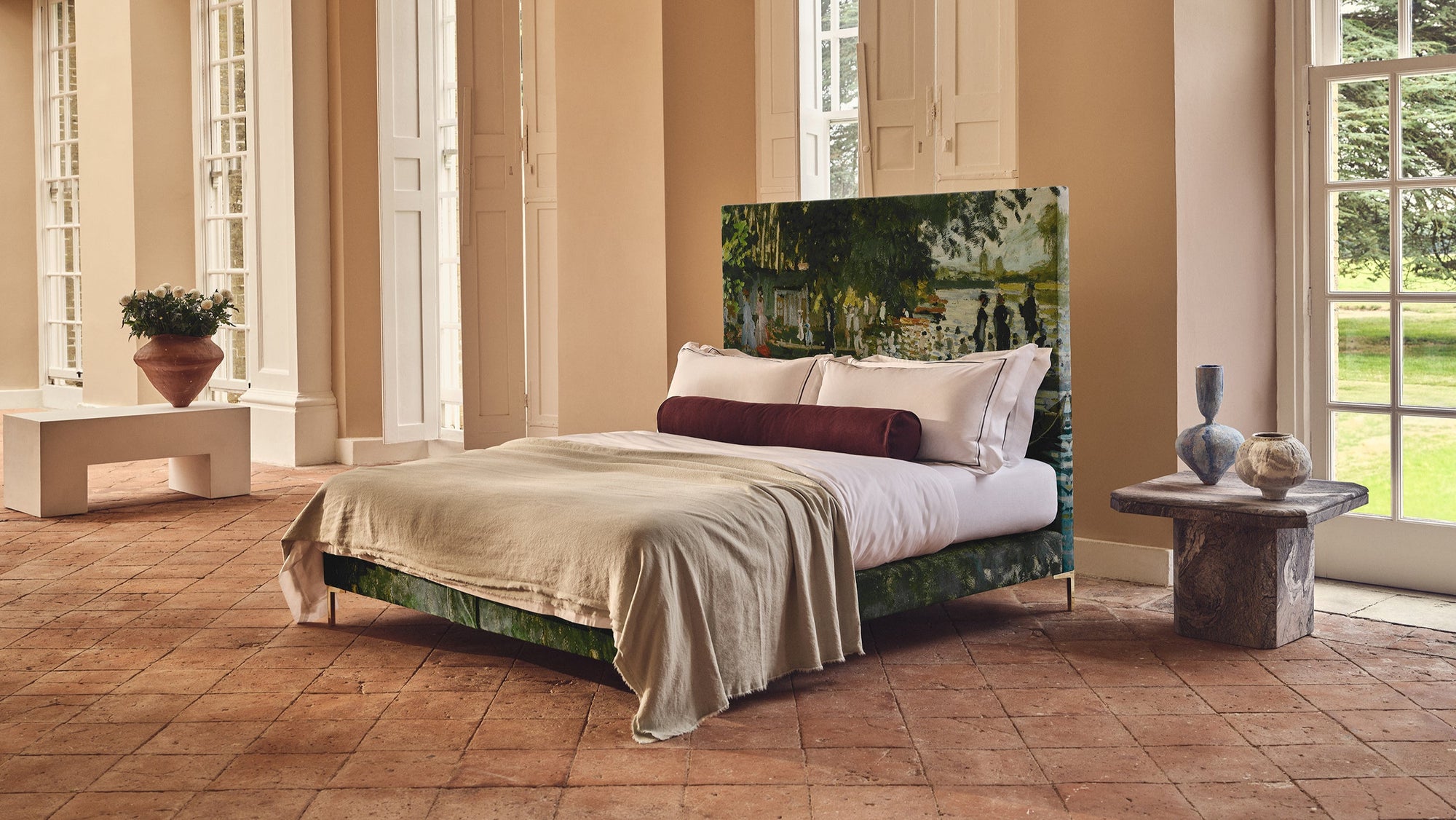 National Gallery bed upholstered in a specially printed cotton-velvet fabric
