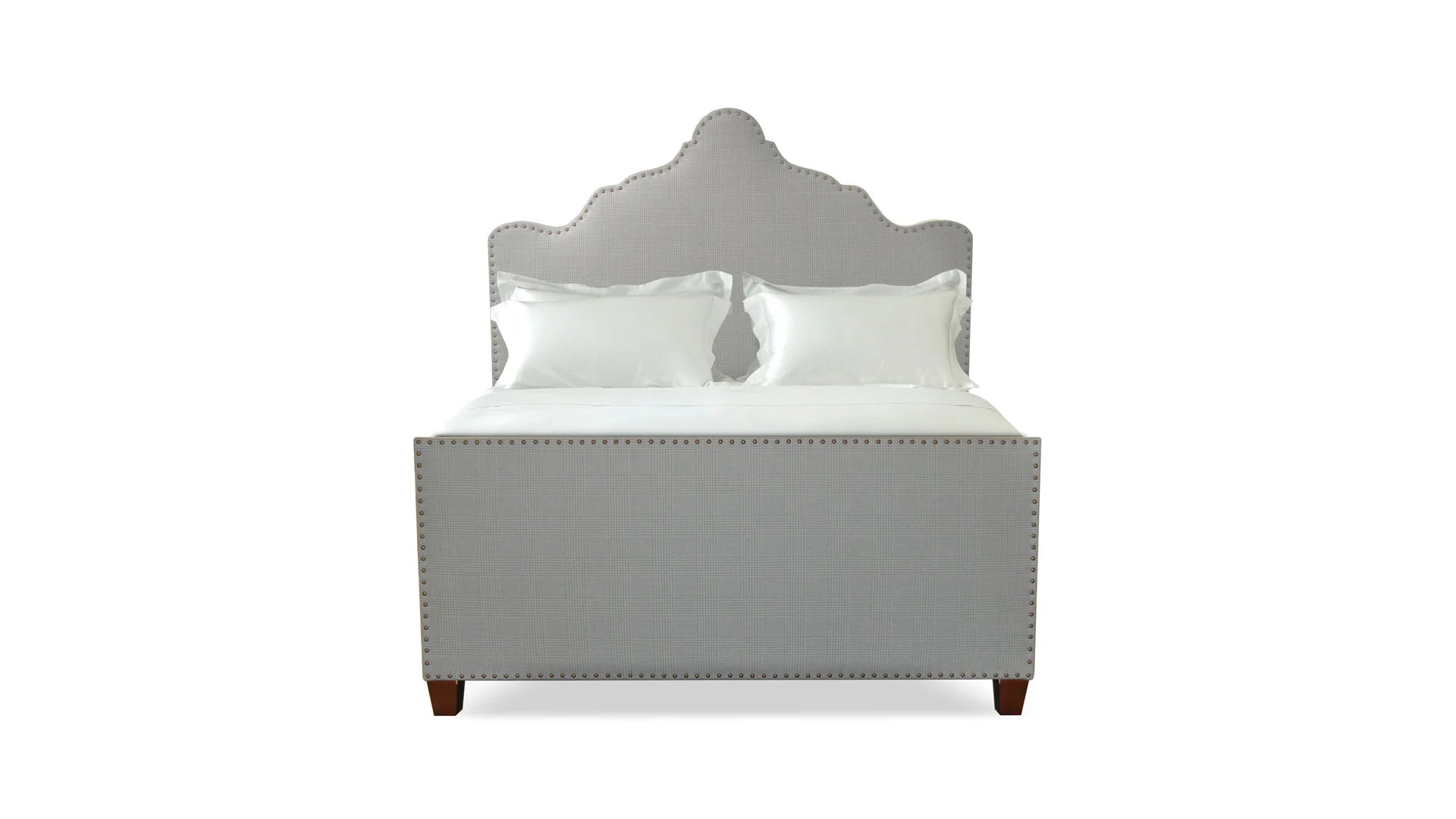 A view of the Savoir Gorrivan bed with grey fabric
