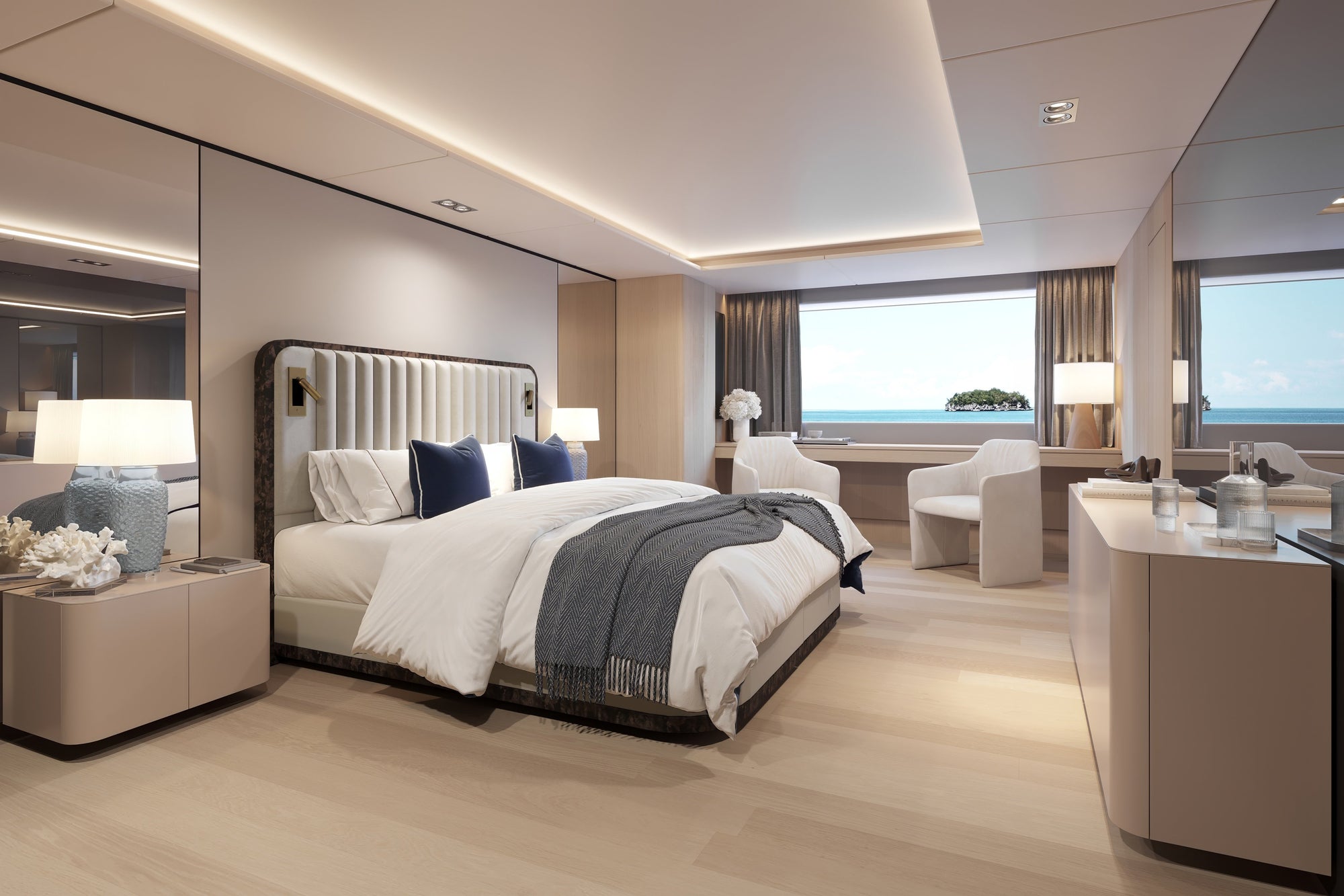 Savoir Luna bed shown in a master bedroom on a yacht