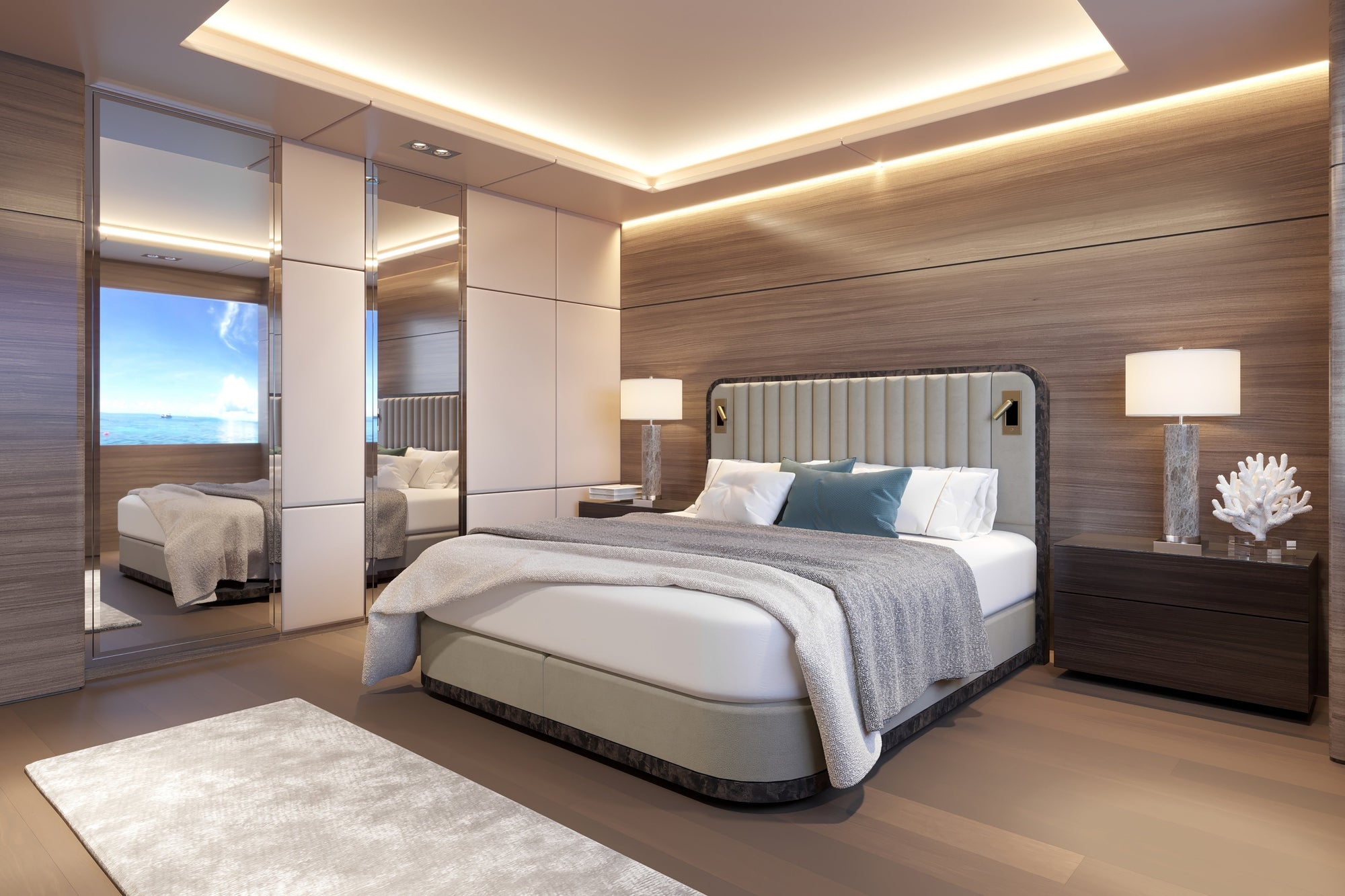 Savoir Luna bed shown in a bedroom setting on a yacht