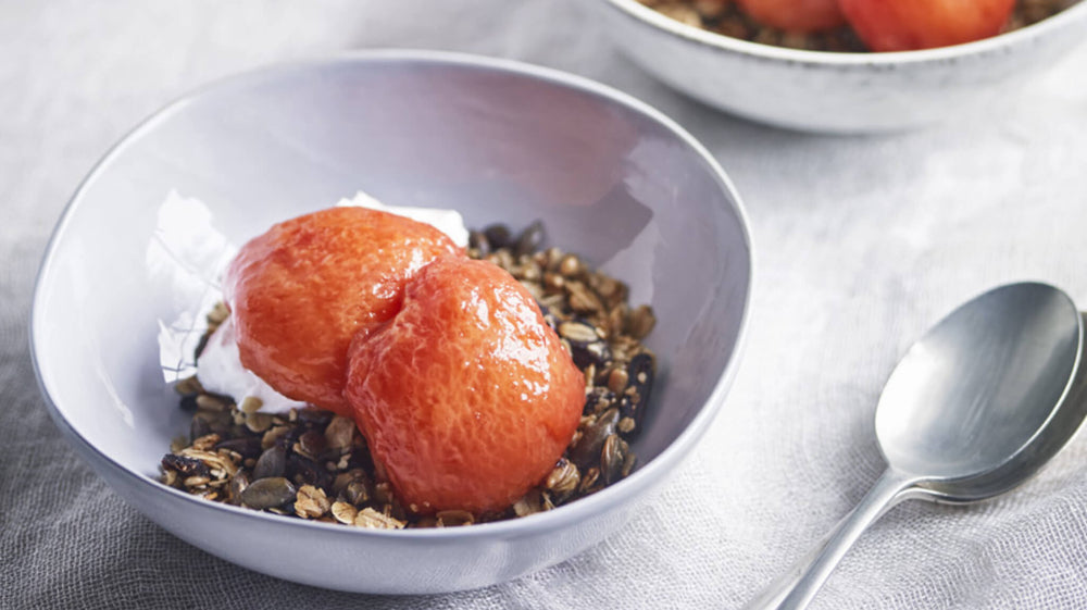 Bowl of dessert with yoghurt seeded granola from the plant based diet from chef Chantelle Nicholson