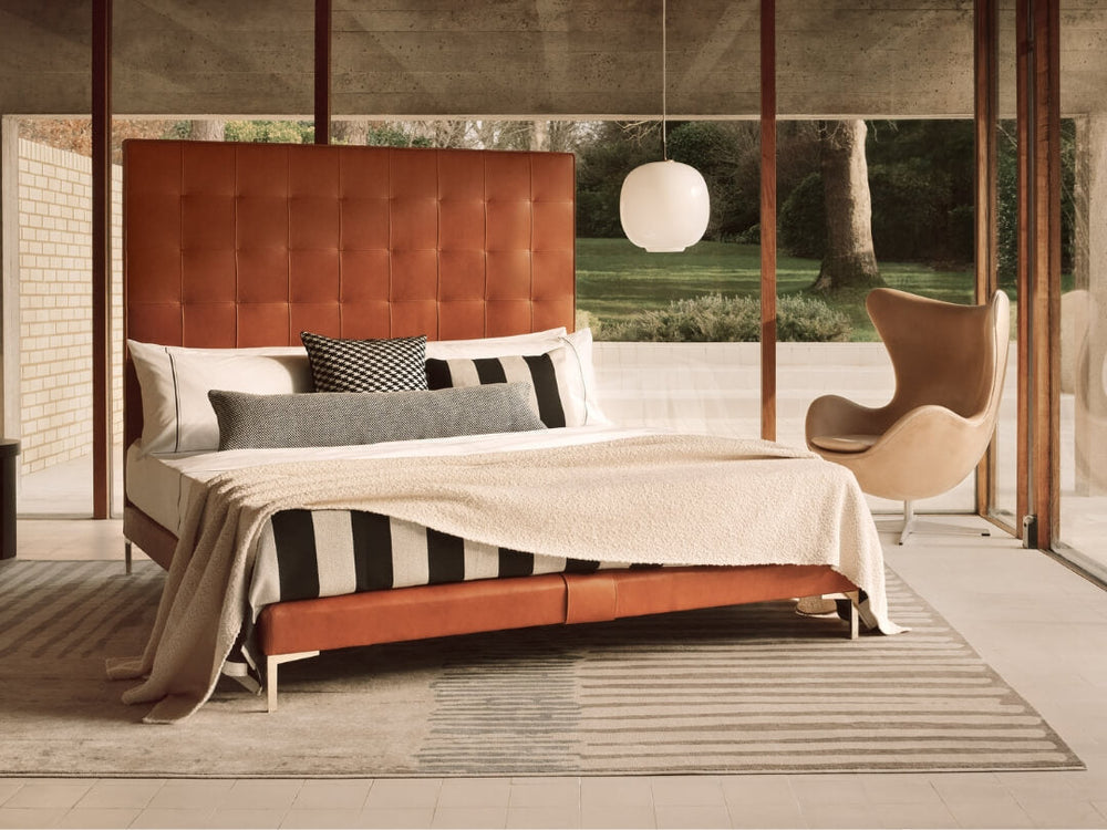 The Winston bed in tan leather in a mid century home
