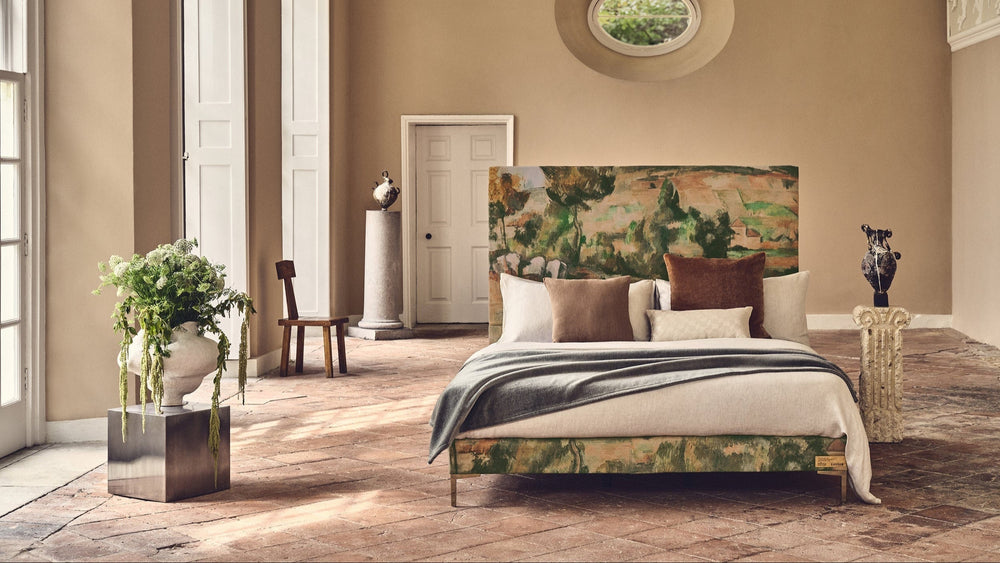 The Savoir Harlech Nº4 bed upholstered in a specially printed cotton-linen fabric with Hillside in Provence detail