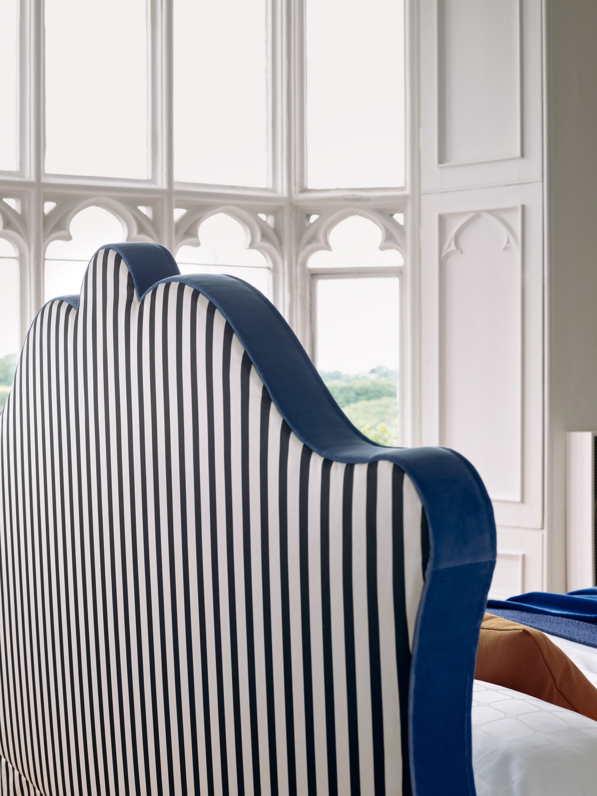 Close-up of the Lenoir headboard back with stripes