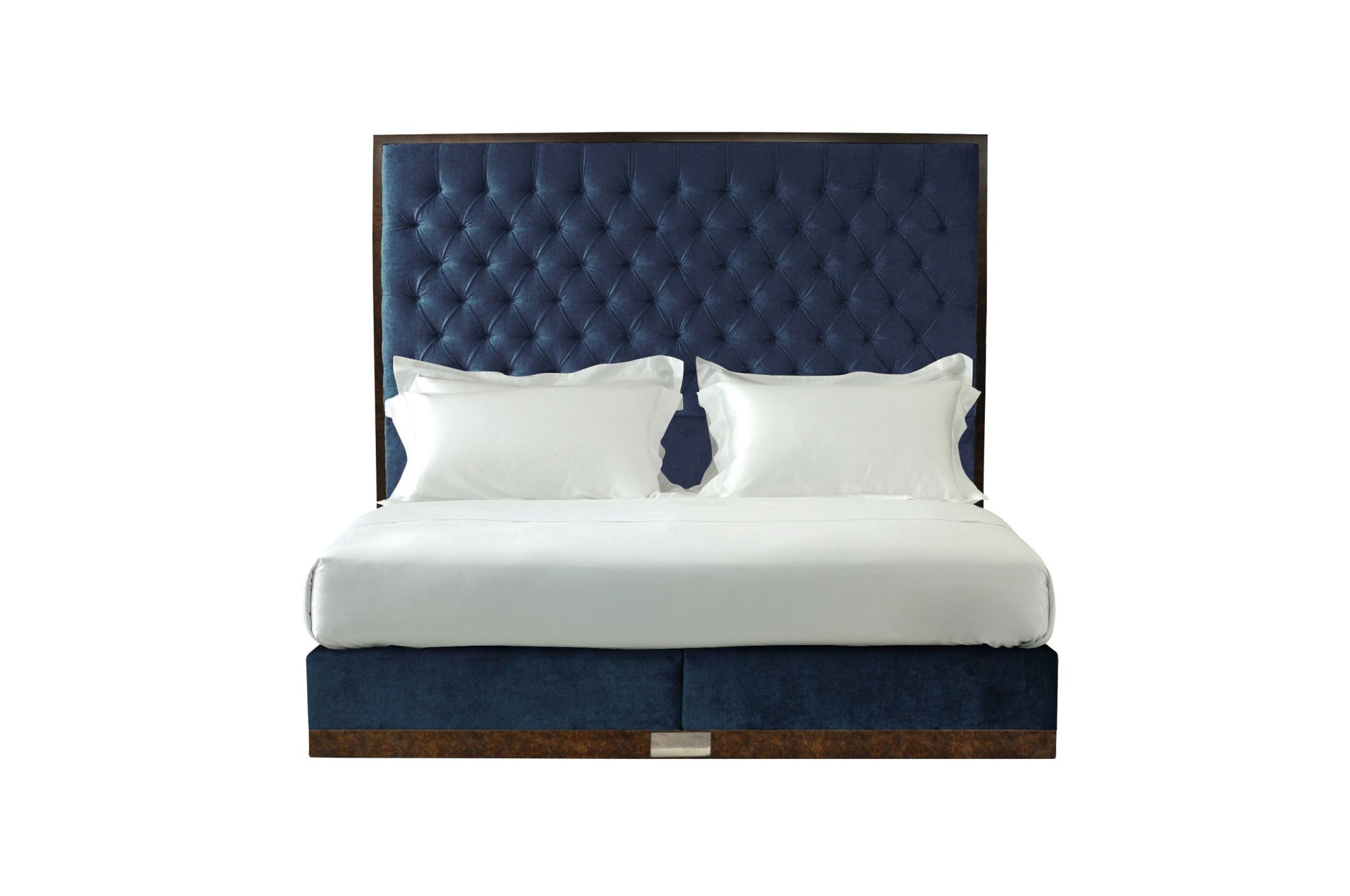 Undressed State bed with a navy headboard