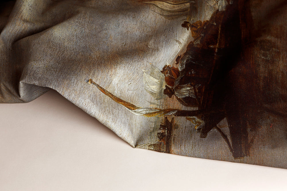 Close-up of the printed fabric detailing the shipping scene with a Dutch Yacht Firing a Salute by Jan van de Cappelle