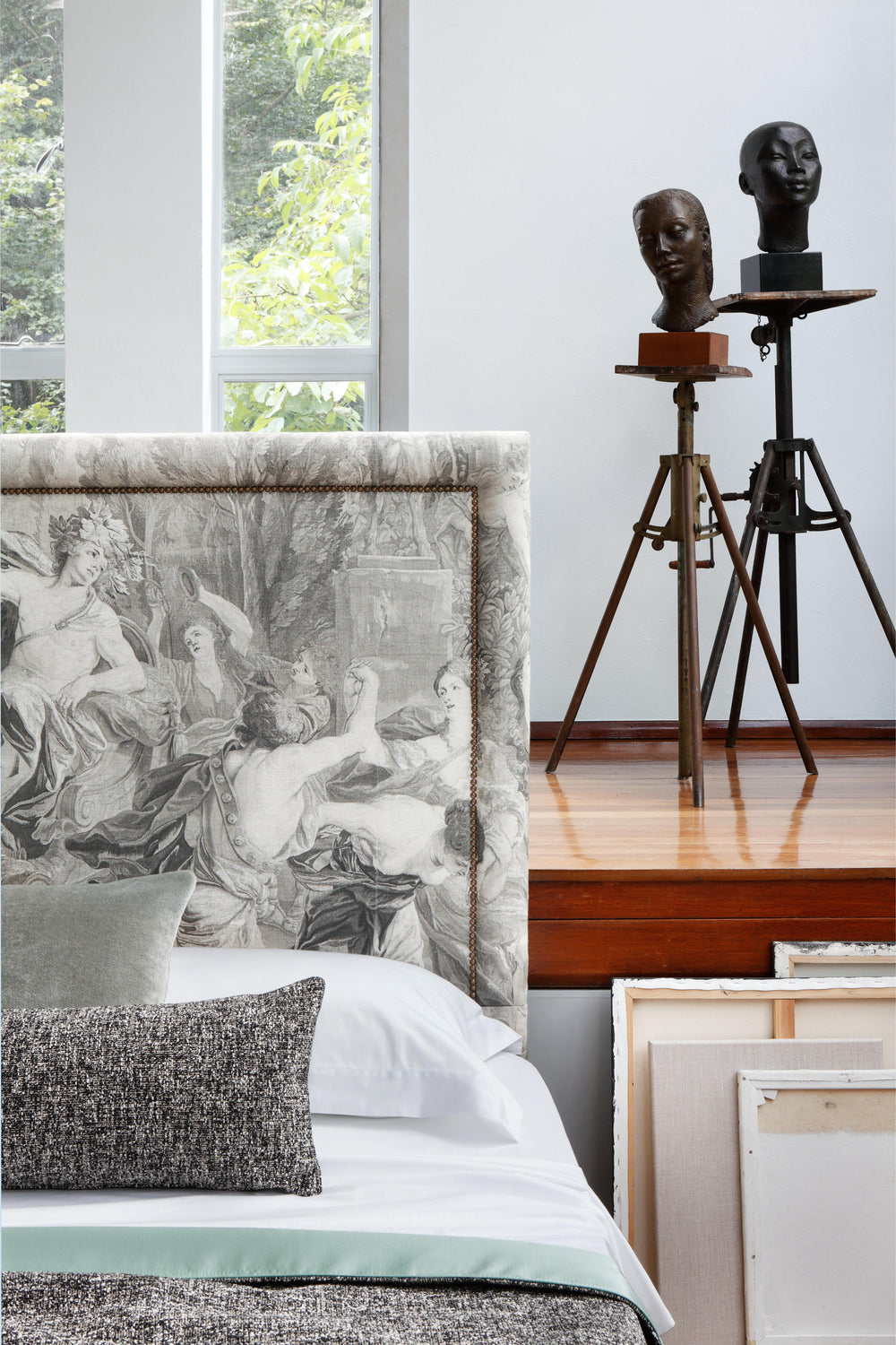 Close-up of our Savoir Felix headboard, upholstered in a bespoke digital print by Zardi & Zardi.