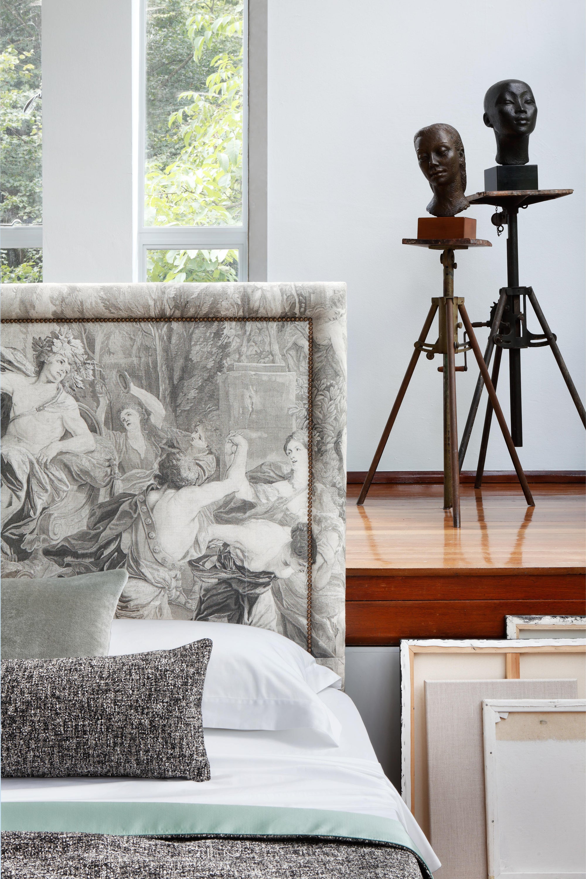 Close-up of our Savoir Felix headboard, upholstered in a bespoke digital print by Zardi & Zardi.