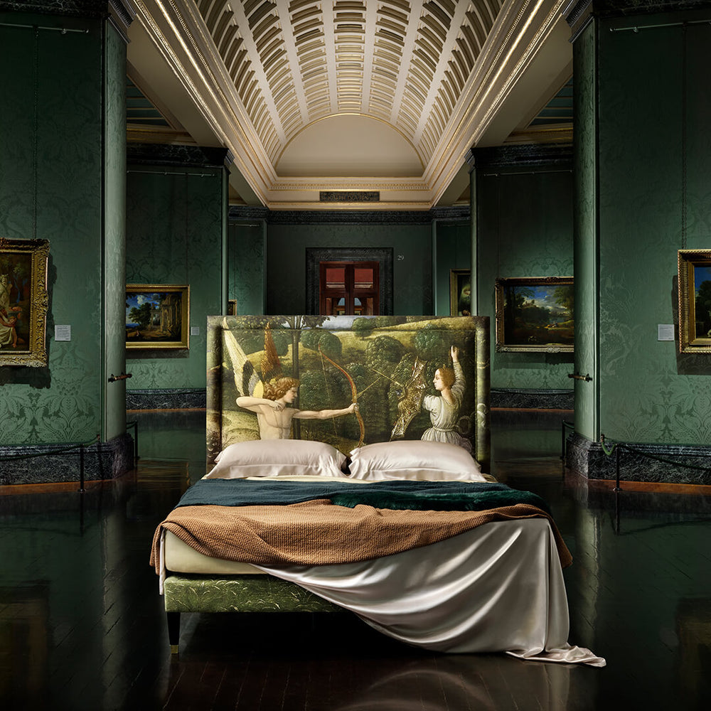 The Savoir Felix bed with The National Gallery detailing the Combat of Love