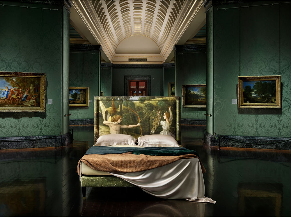 The Savoir Felix bed with The National Gallery detailing the Combat of Love