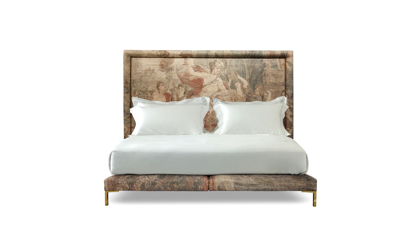 Undressed Felix bed with tapestry fabric on headboard and base
