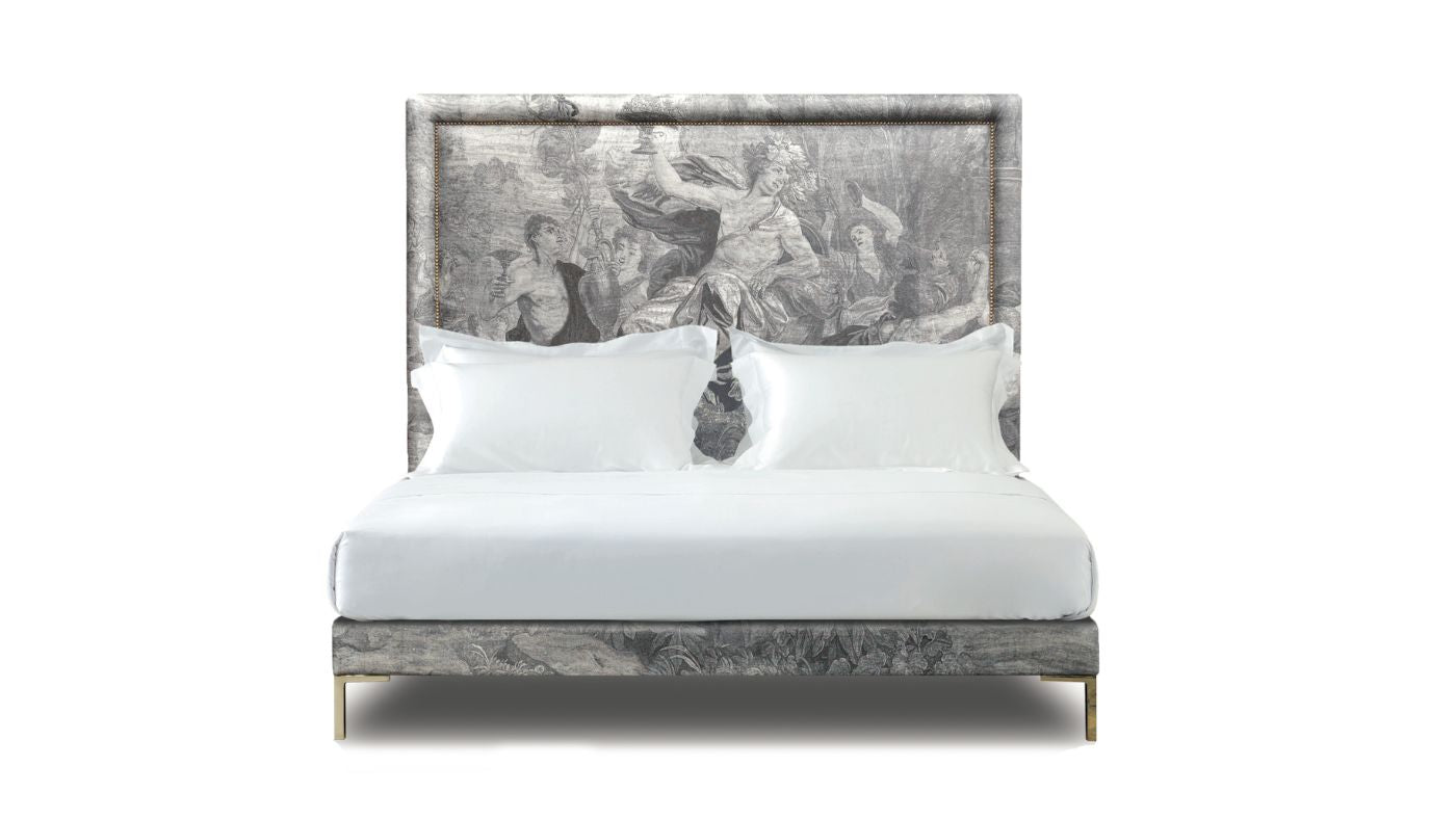 Undressed Felix bed with Bacchus tapestry in grey fabric on headboard and base