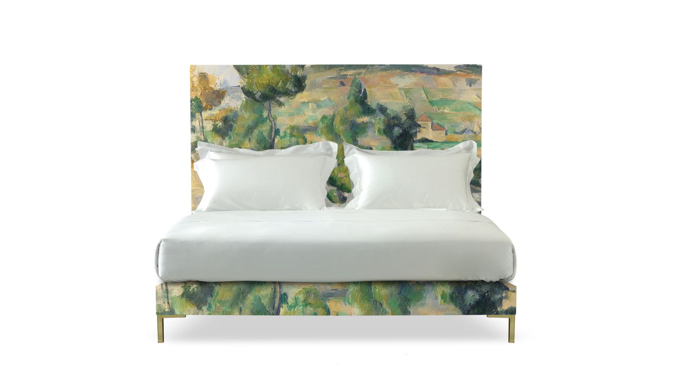 Undressed Harlech Hillside in Provence by Cezanne headboard and base featuring a mattress and cushions