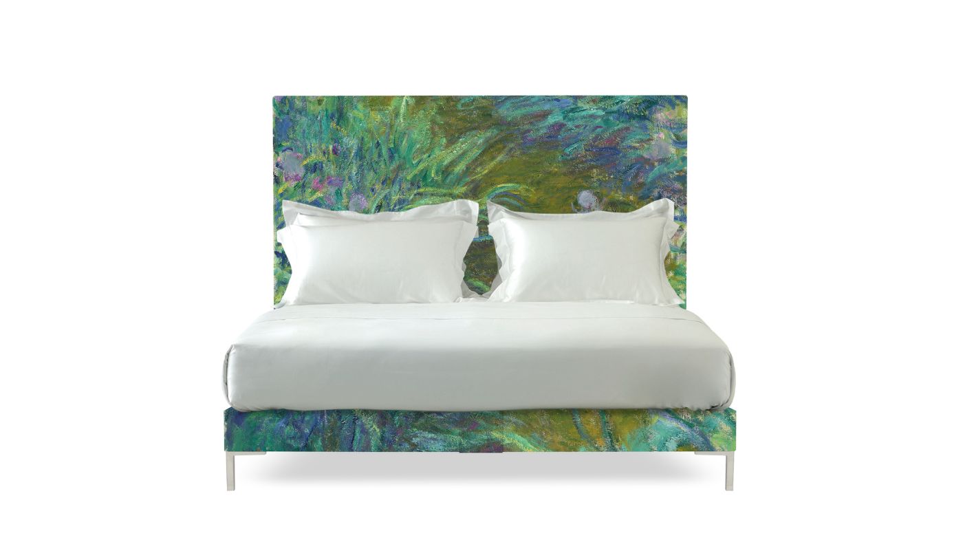 Undressed Harlech with irises by Monet headboard and base featuring a mattress and cushions