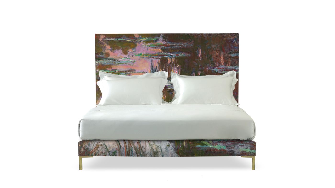 Undressed Harlech water lilies headboard and base featuring a mattress and cushions