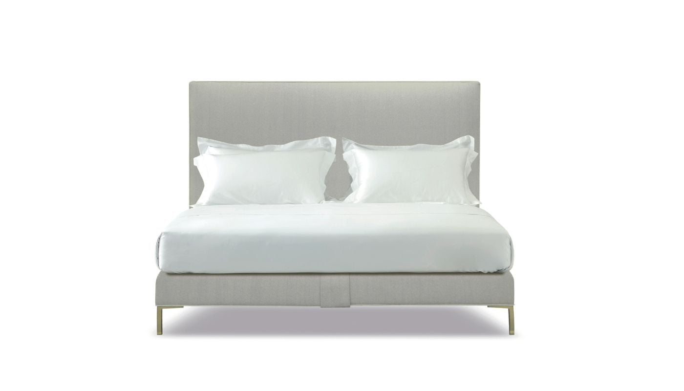 Undressed Harlech bed with piped  and light grey headboard and base