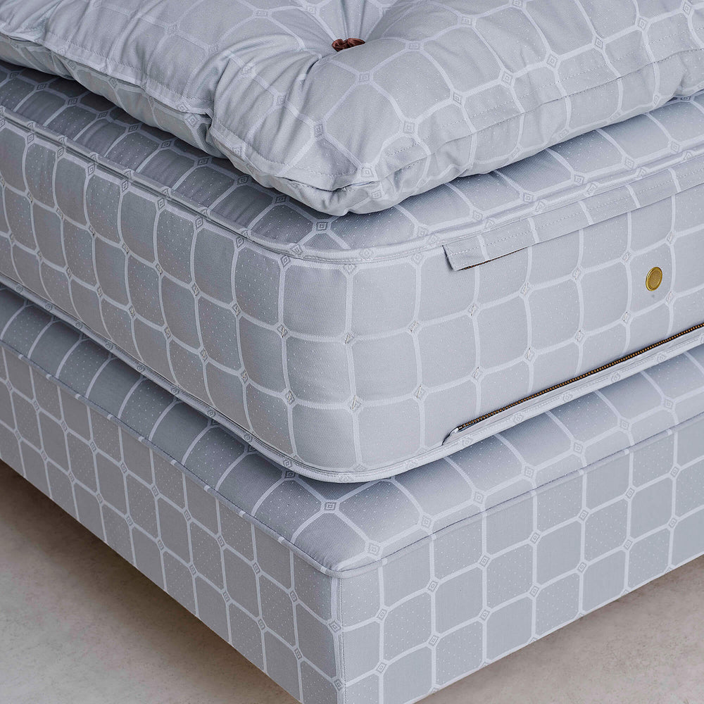 Side view with close-up of one of Savoir No 4 mattress and base