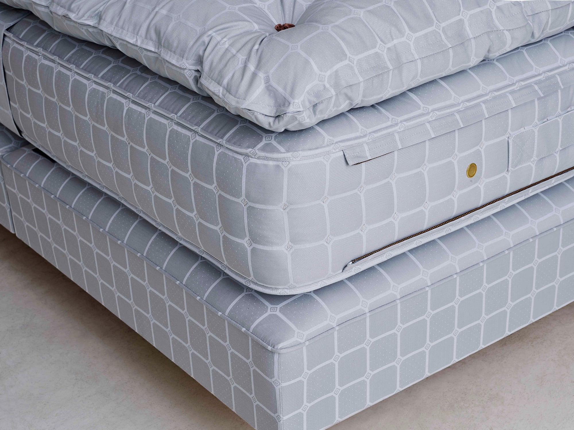 Side view with close-up of one of Savoir No 3 mattress and base