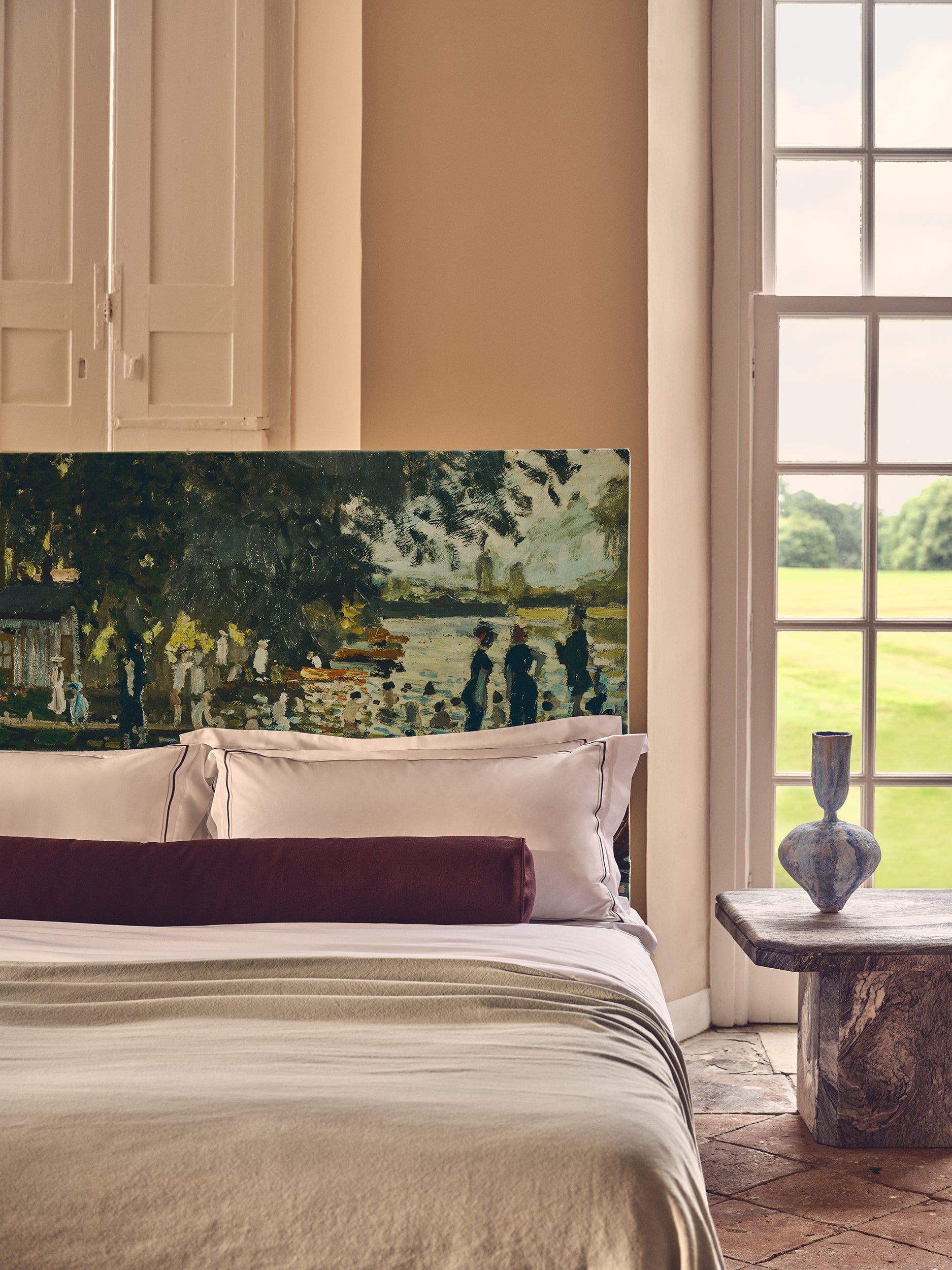 Close-up of the National Gallery bed upholstered in a printed cotton-velvet fabric