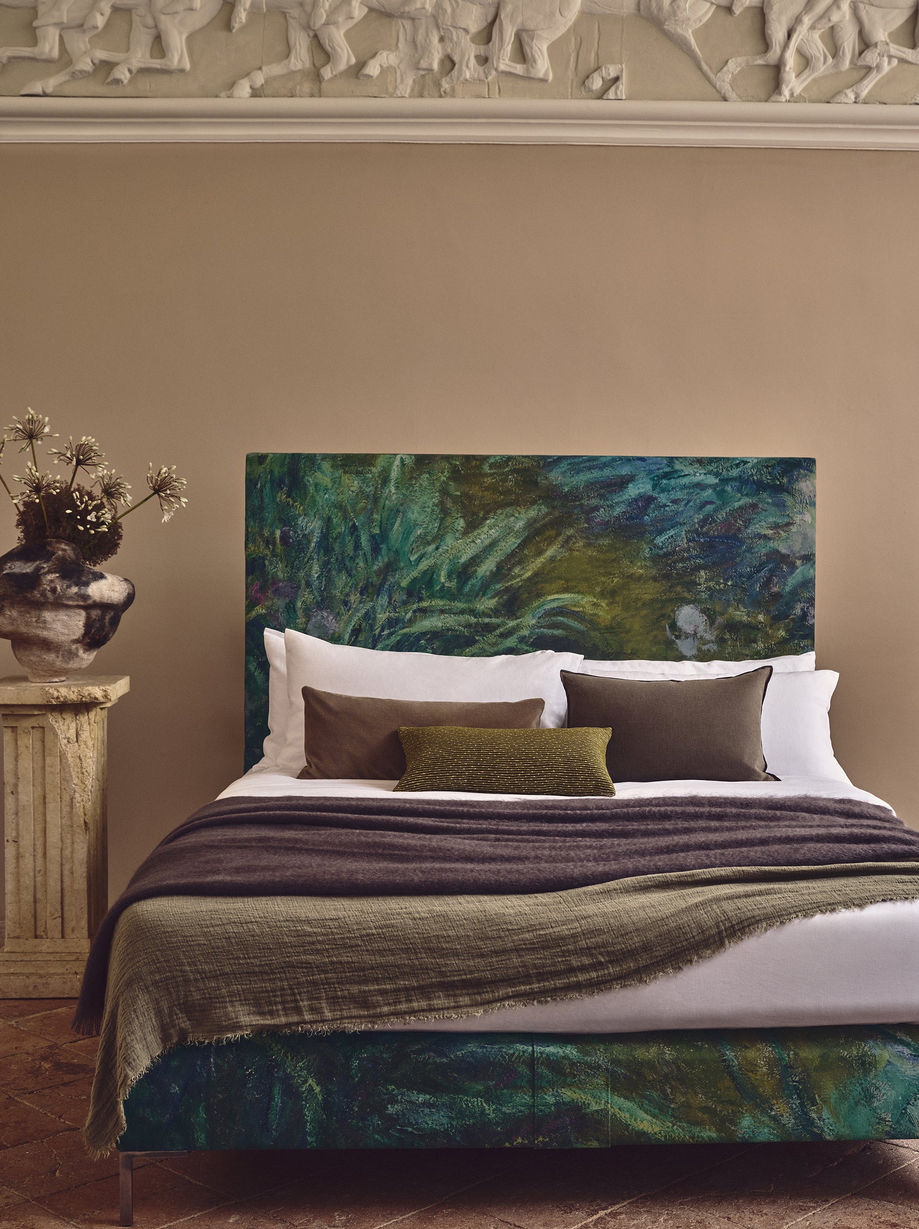 Savoir National Gallery bed  upholstered in a specially printed cotton-linen fabric with Irises detail