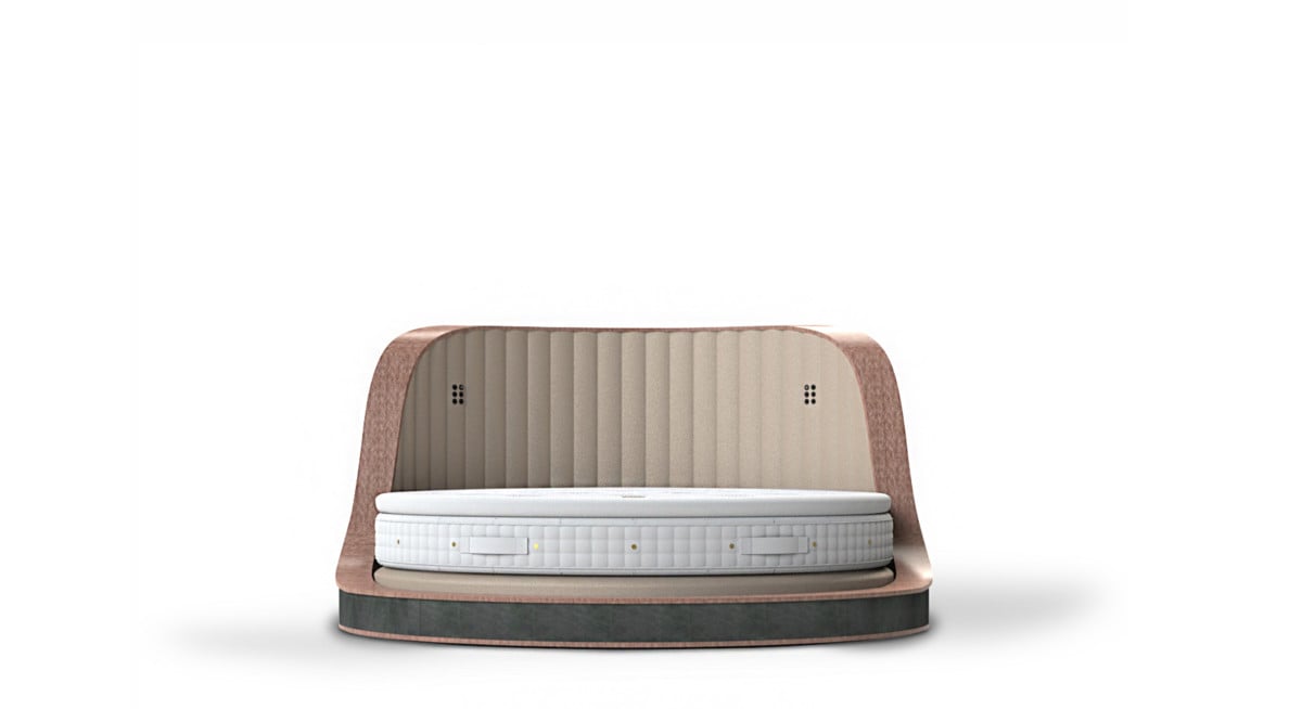 Undressed Three sixty bed in beige and led lighting, featuring the mattress and topper 