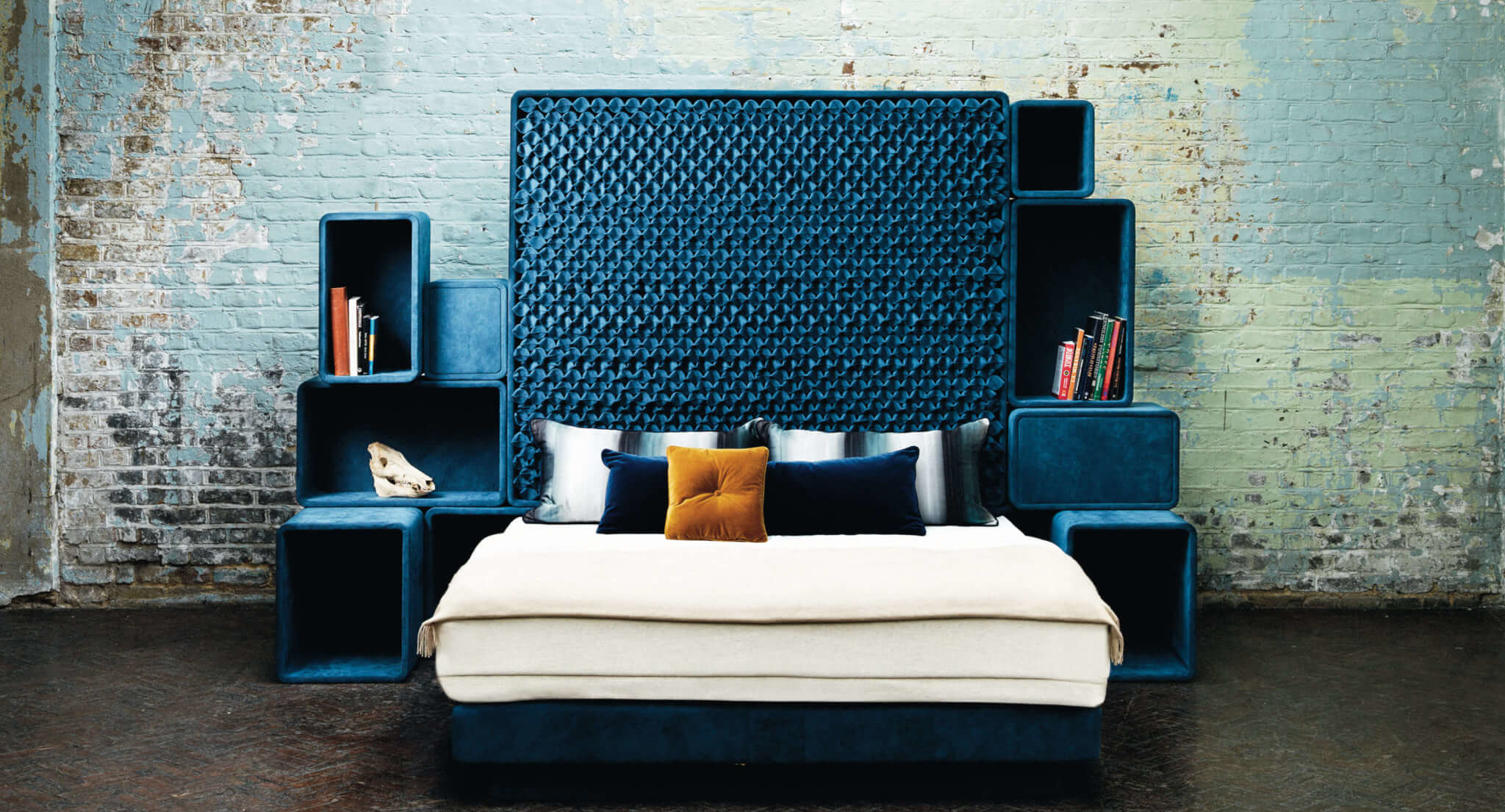 Image of the B Bed in an industrial space, designed by Sacha Walckhoff and made by Savoir