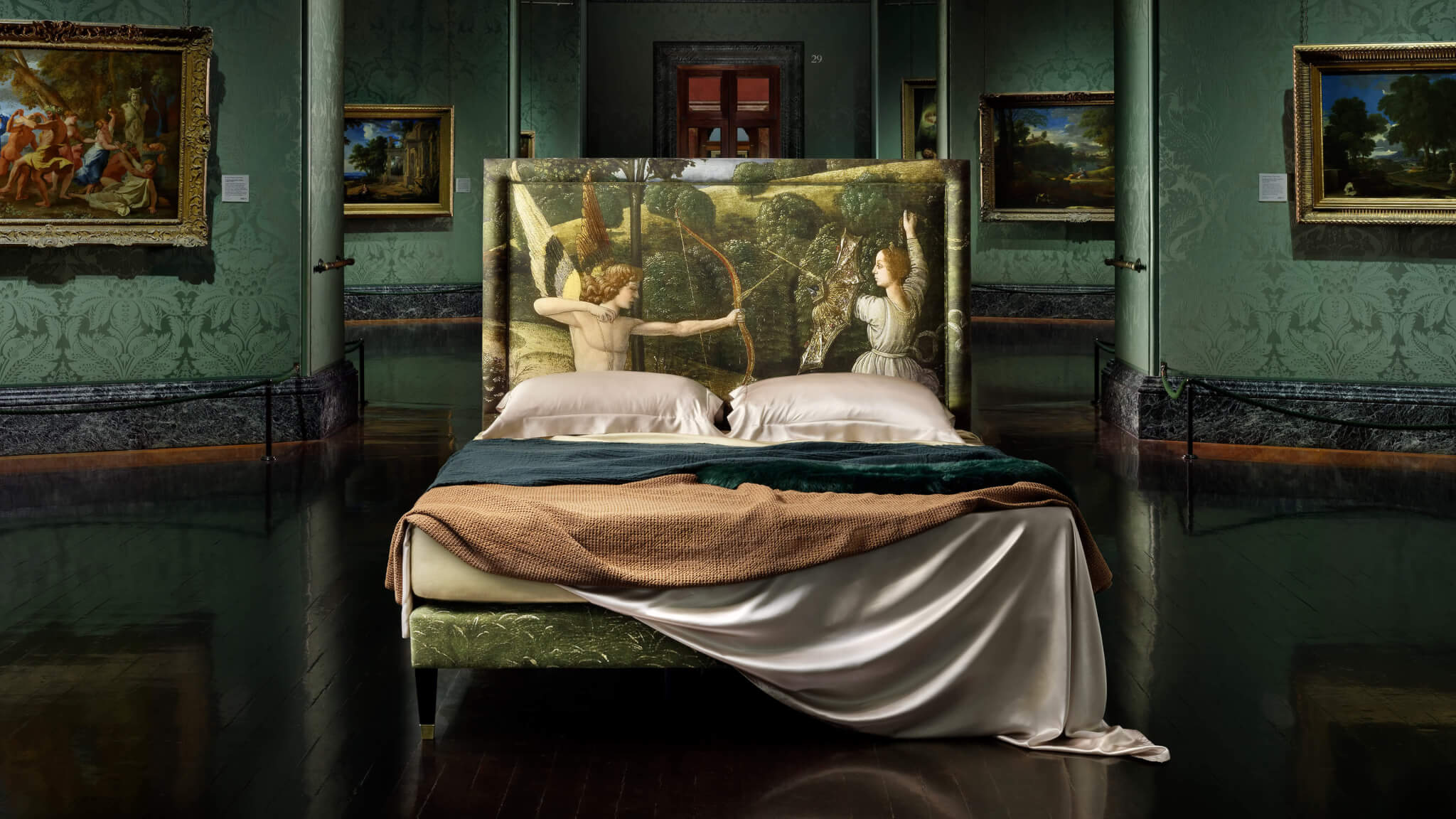 Felix bed featuring the art 'The Combat of Love and Chastity' by Giovanni Del Fora, which has been digitally printed onto a fabric and upholstered by Savoir in London, photographed in The National Gallery in London