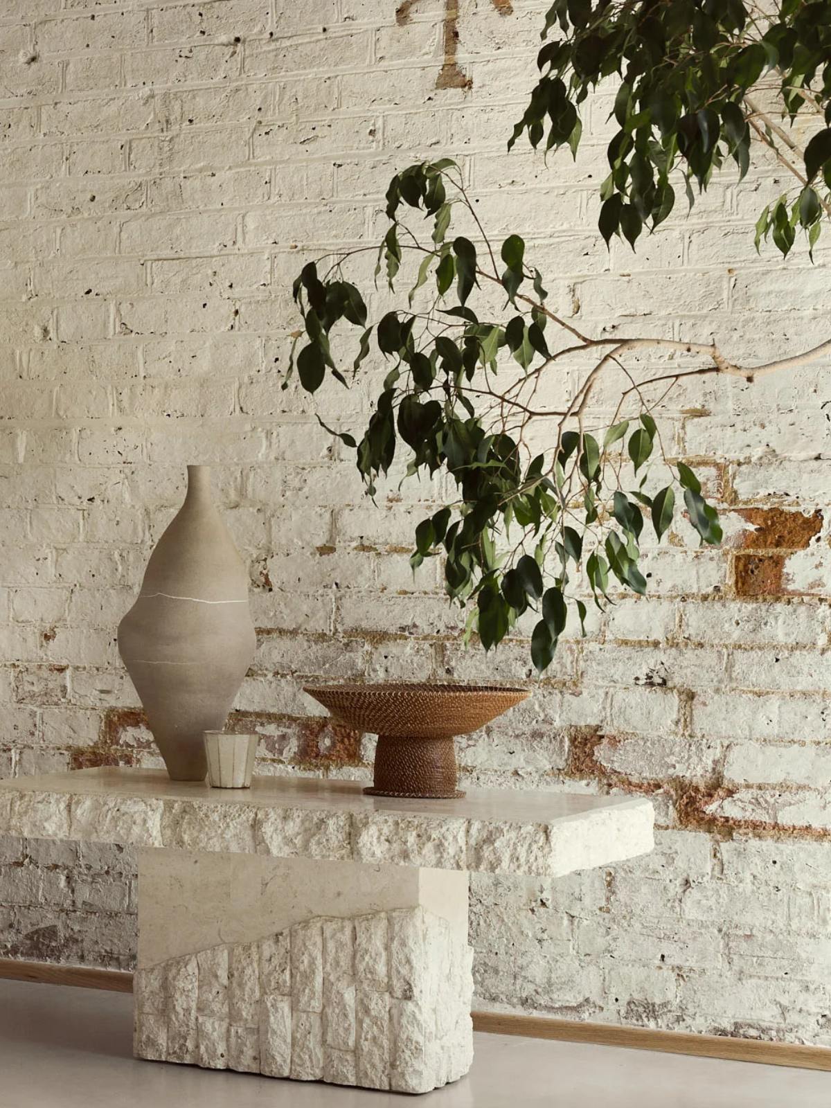 Image of green plants and rustic accessories against a backdrop of an off-white brick wall