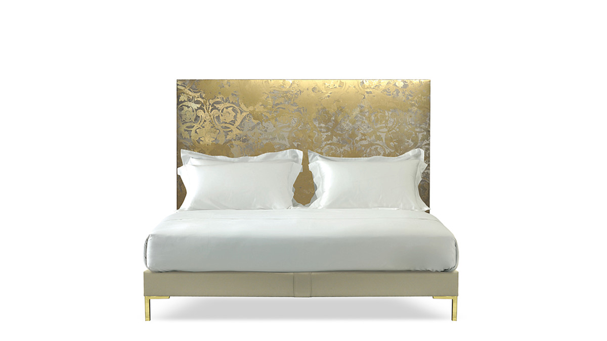 Harlech bed in gold patterned fabric