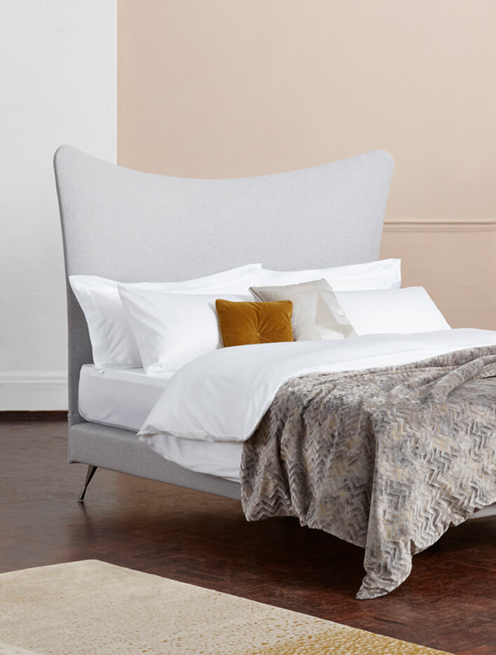 Sateen 300 white duvet cover photographed with a grey Amelia headboard