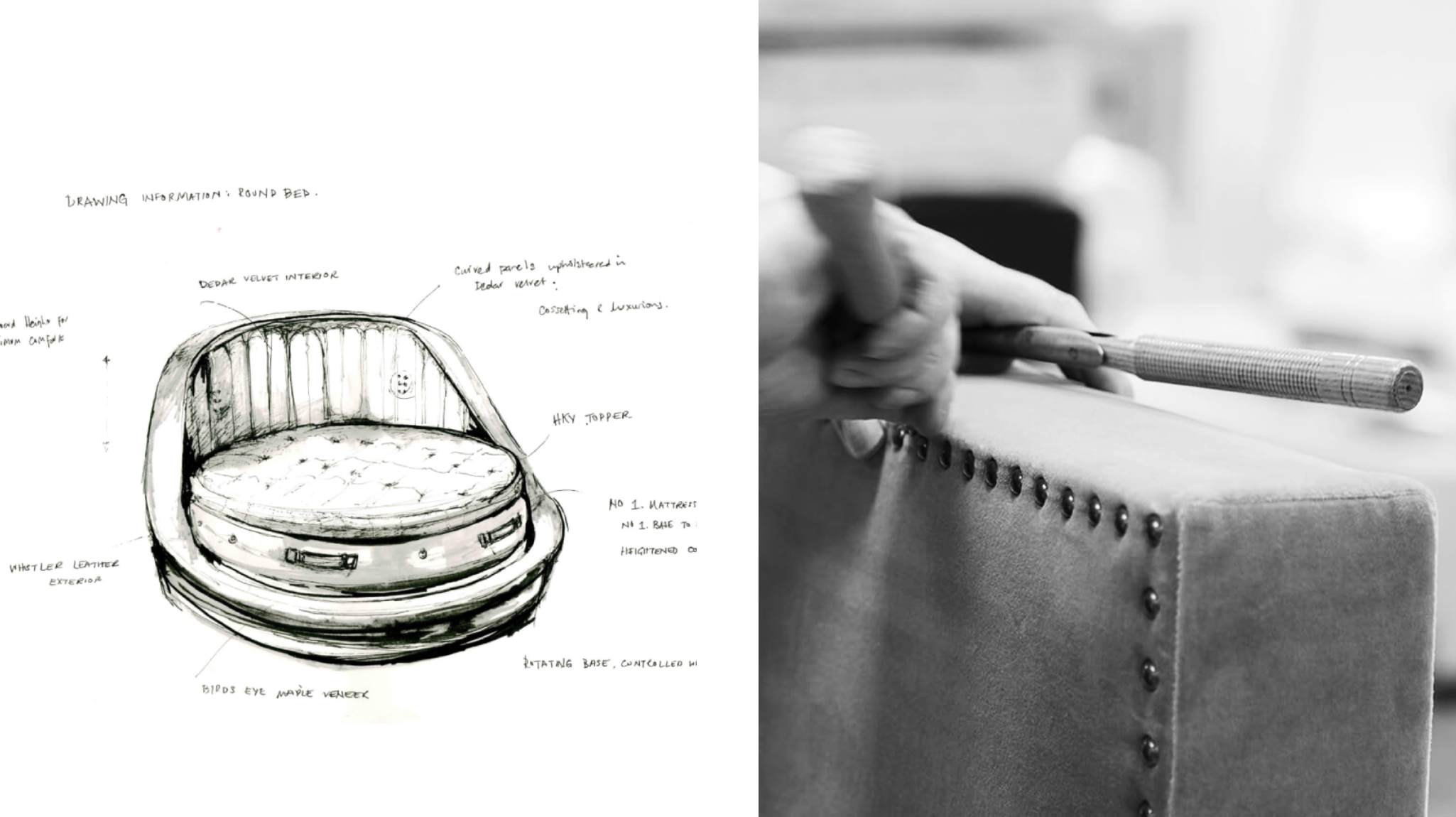 A sketch of the round bed and a craftsperson adding nailing detail to a headboard