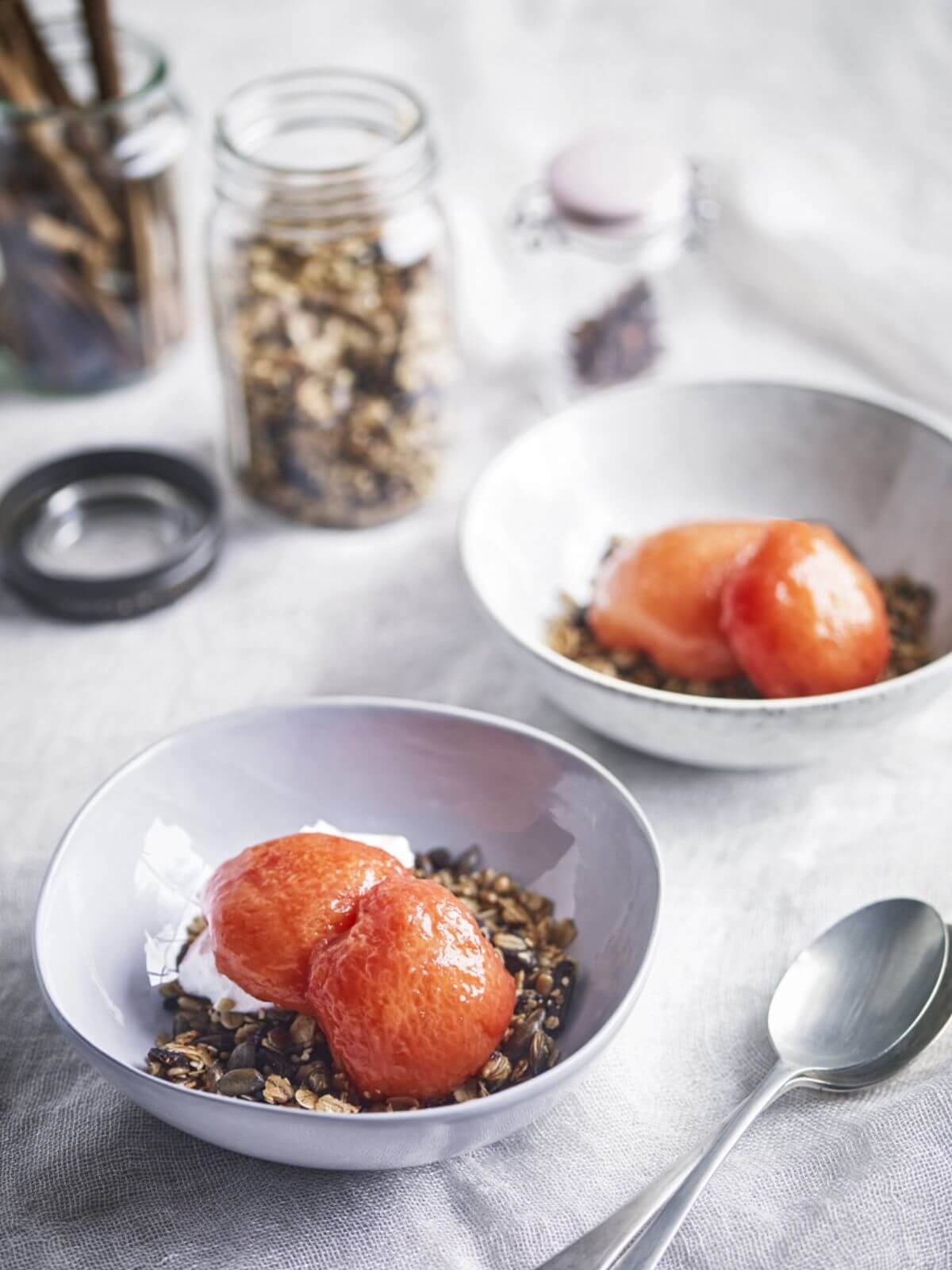 Image of Chantelle Nicholson's plant-based dish - poached plumbs with granola and plant-based yoghurt