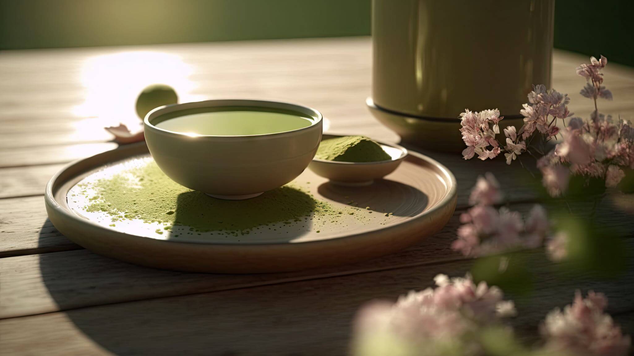 Image of a cup of green matcha tea photographed with a sunrise in the background and pink flowers shown in the right corner.