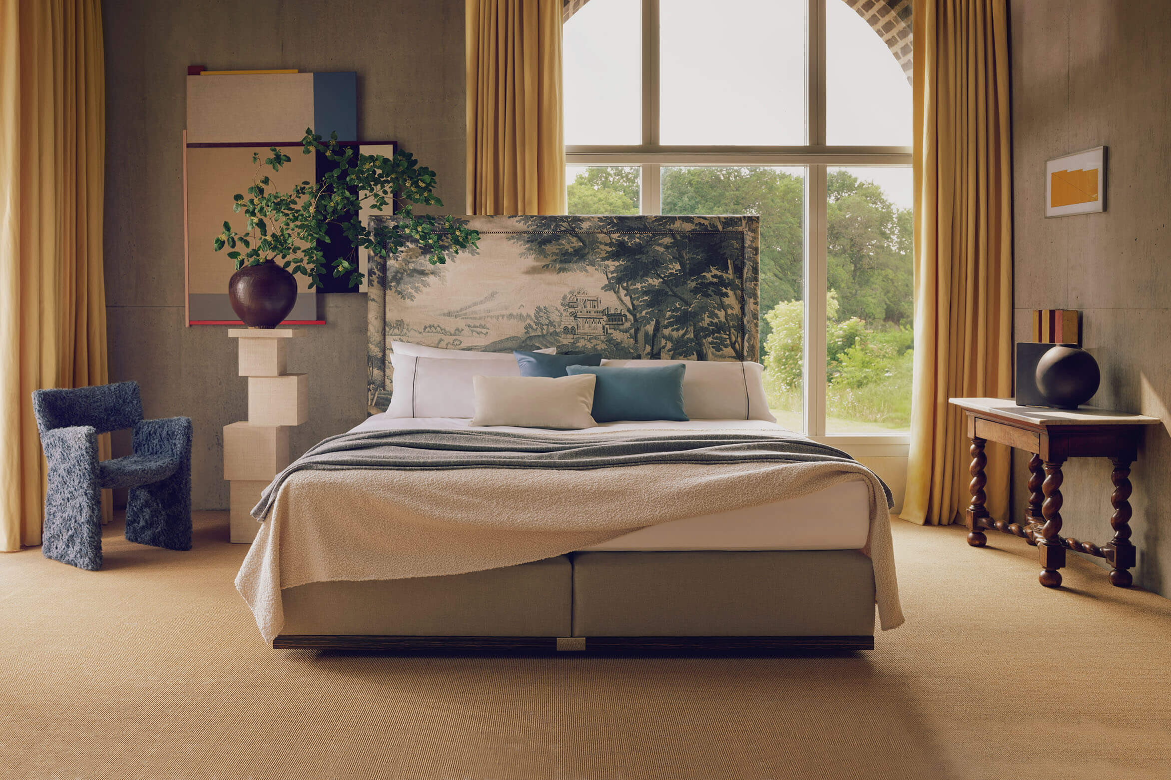 Savoir Felix bed upholstered in Zardi & Zardi digitally printed fabric, photographed at Upper Farm House Sussex