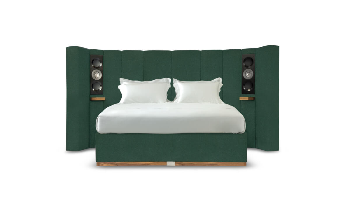 Image of the Seventy Five bed upholstered in textured pine green fabric.