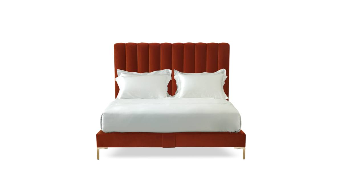 The Hudson design with a vivid orange headboard in hand-upholstered panels.